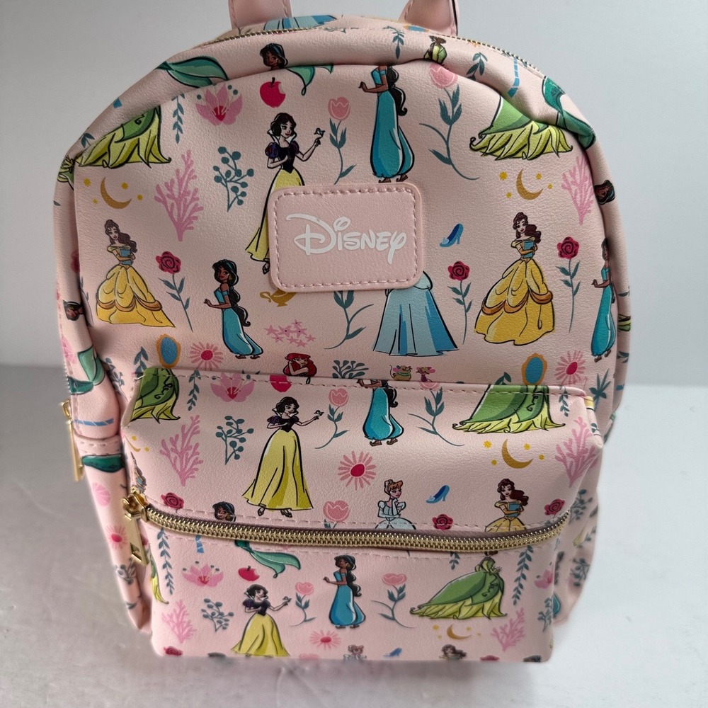 Disney Princess Mini Backpack Pink Faux Leather All Over Print Belle Cinderella